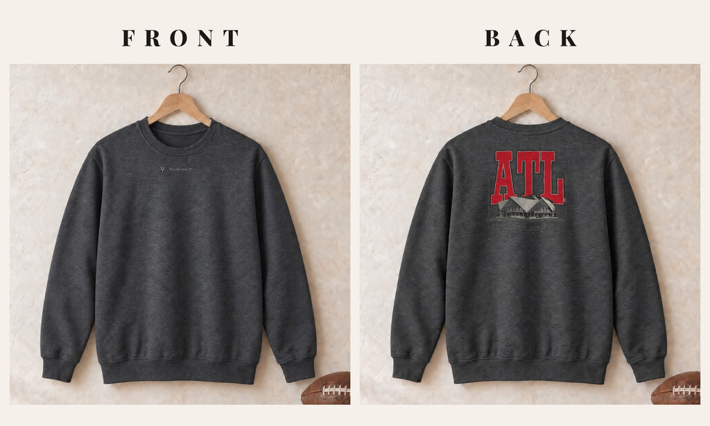 Crewneck + Logo Front · Dark Heather · front and back · Atlanta Blueprint City crewneck in dark heather