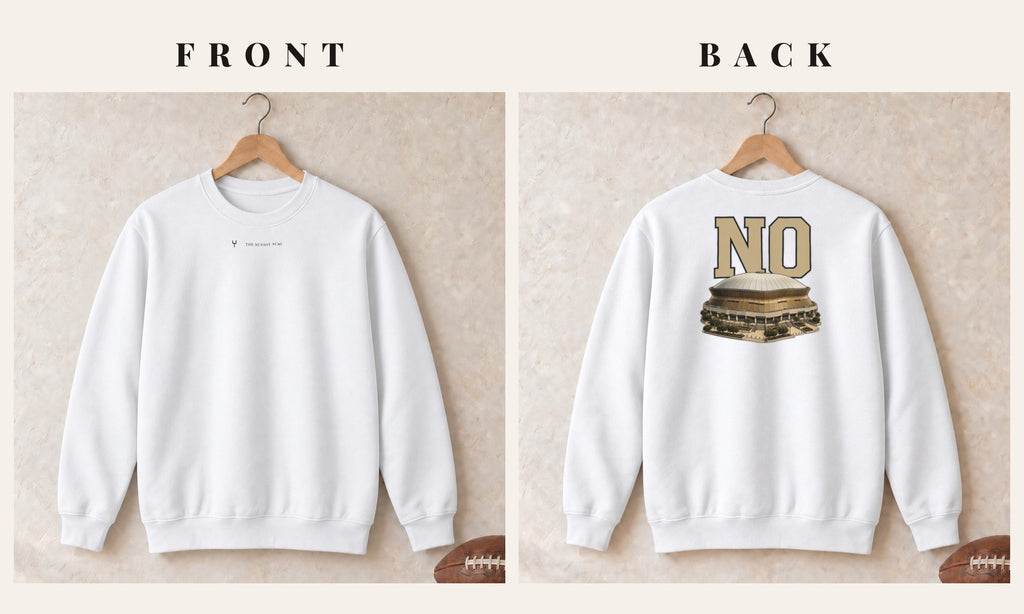 Crewneck + Logo Front · White · front and back · New Orleans Home Field Advantage crewneck in white