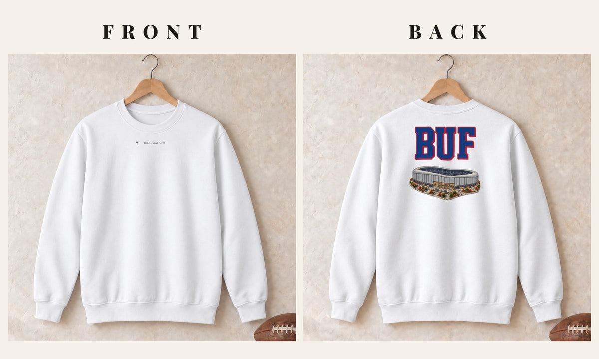 Crewneck + Logo Front · White · front and back · Buffalo Home Field Advantage crewneck in white