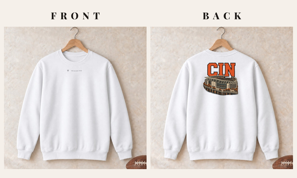 Crewneck + Logo Front · White · front and back · Cincinnati Home Field Advantage crewneck in white
