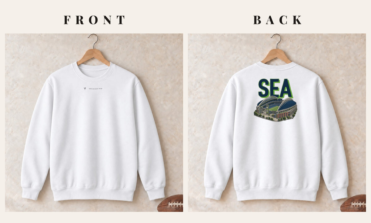 Crewneck + Logo Front · White · front and back · Seattle Home Field Advantage crewneck in white