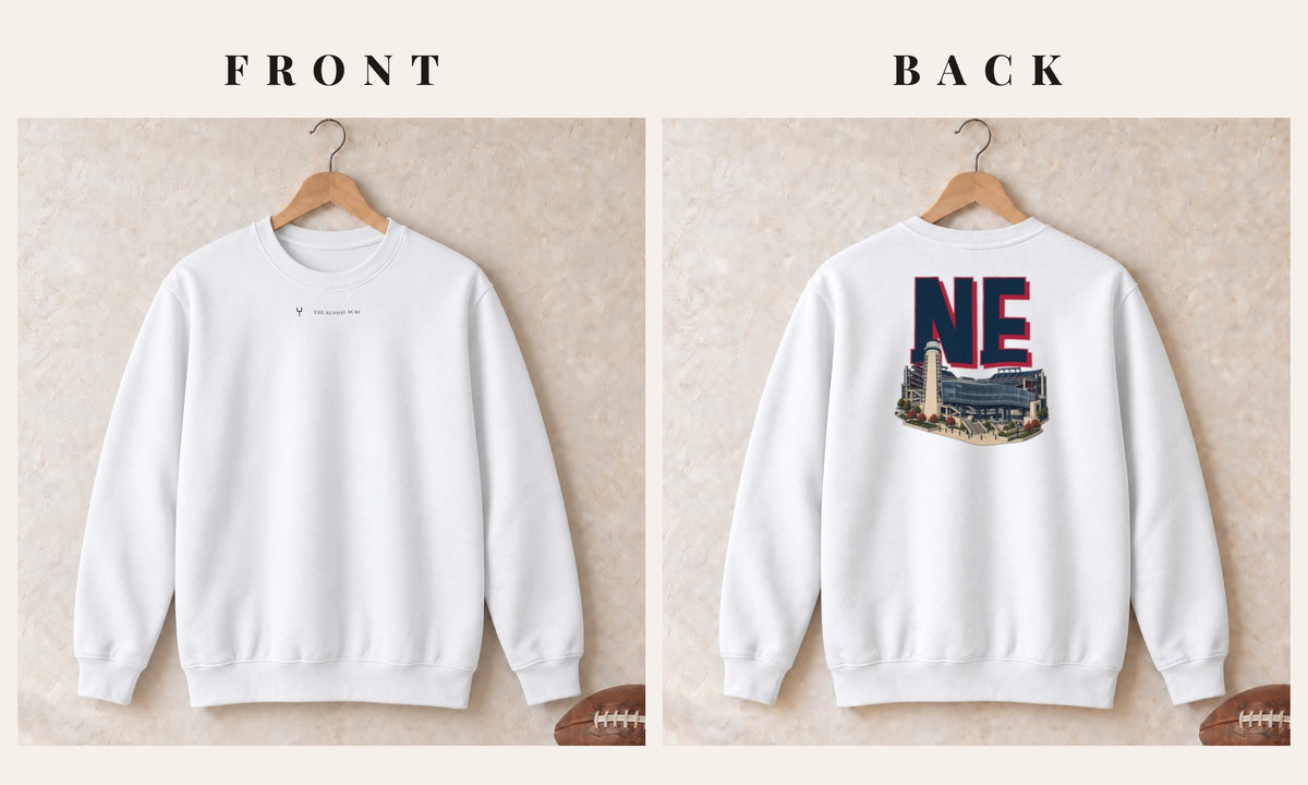 Crewneck + Logo Front · White · front and back · New England Home Field Advantage crewneck in white