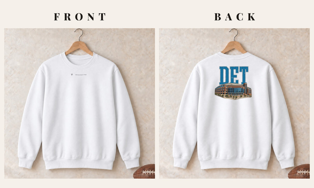 Crewneck + Logo Front · White · front and back · Detroit Home Field Advantage crewneck in white