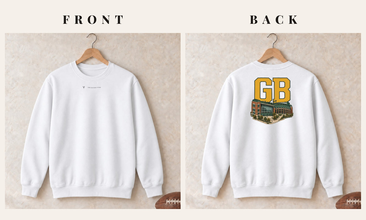 Crewneck + Logo Front · White · front and back · Green Bay Home Field Advantage crewneck in white