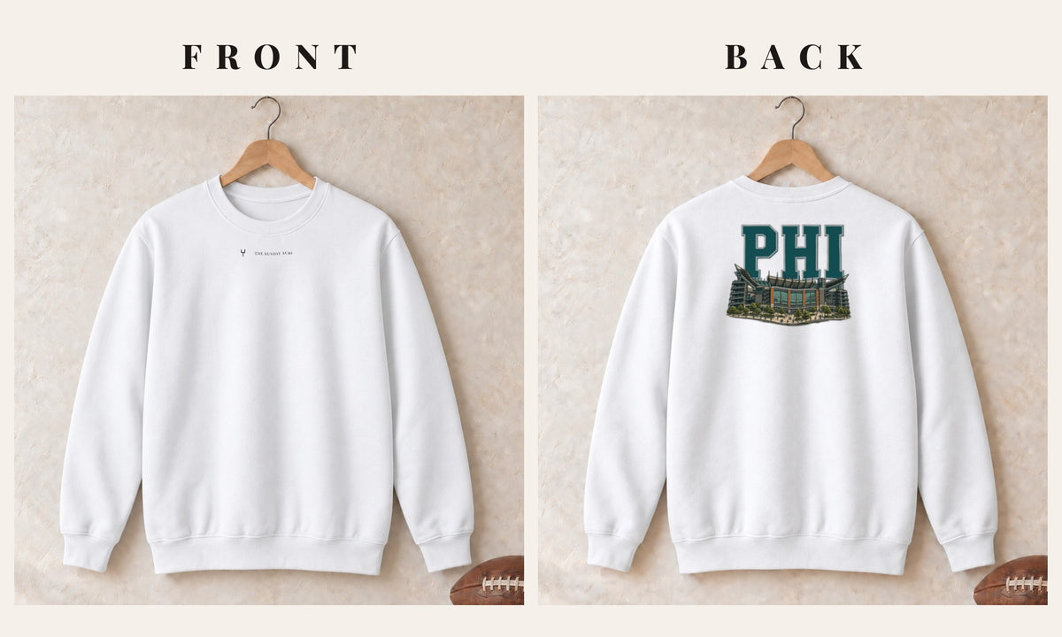 Crewneck + Logo Front · White · front and back · Philadelphia Home Field Advantage crewneck in white