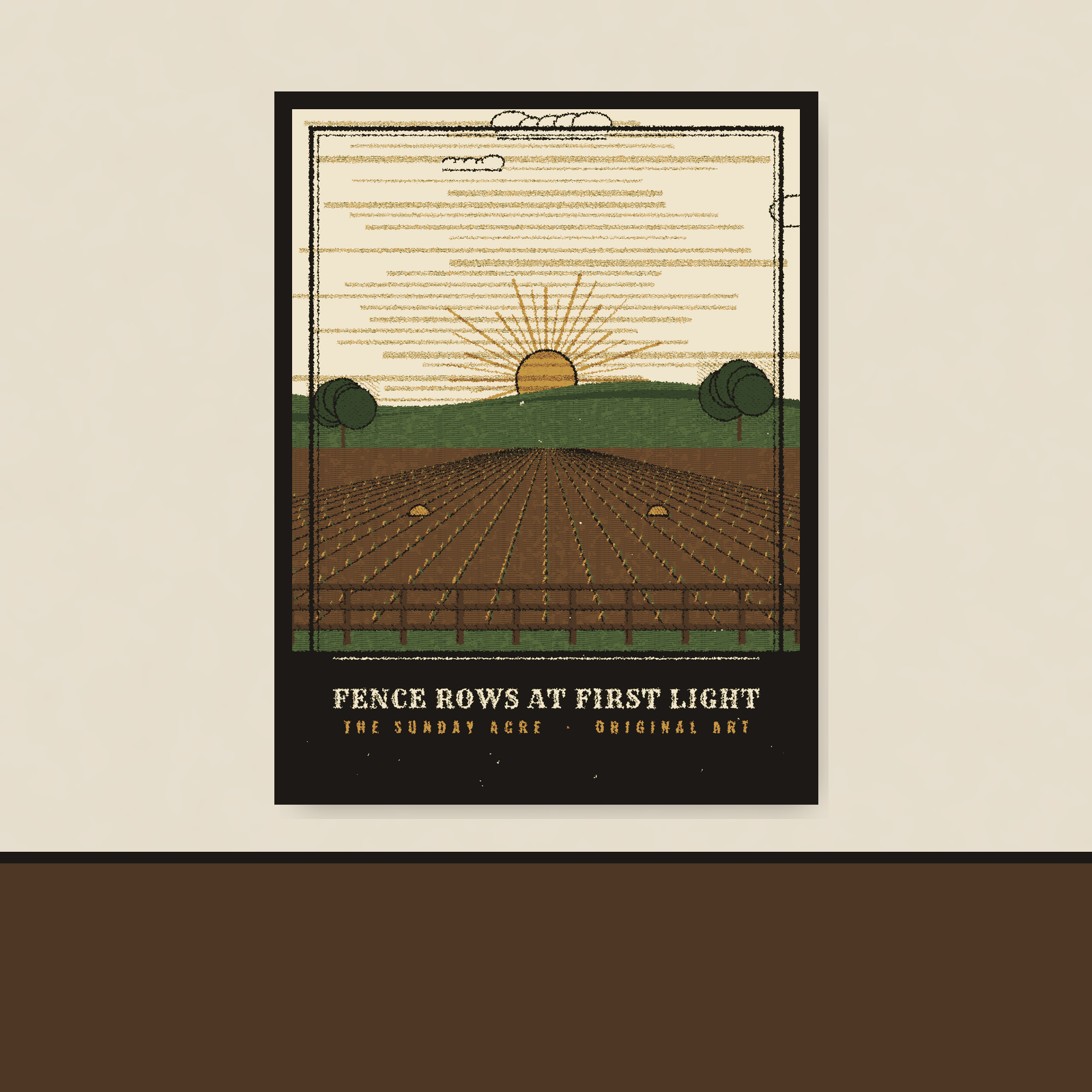Fence Rows at First Light — Original Woodcut-Style Art Print