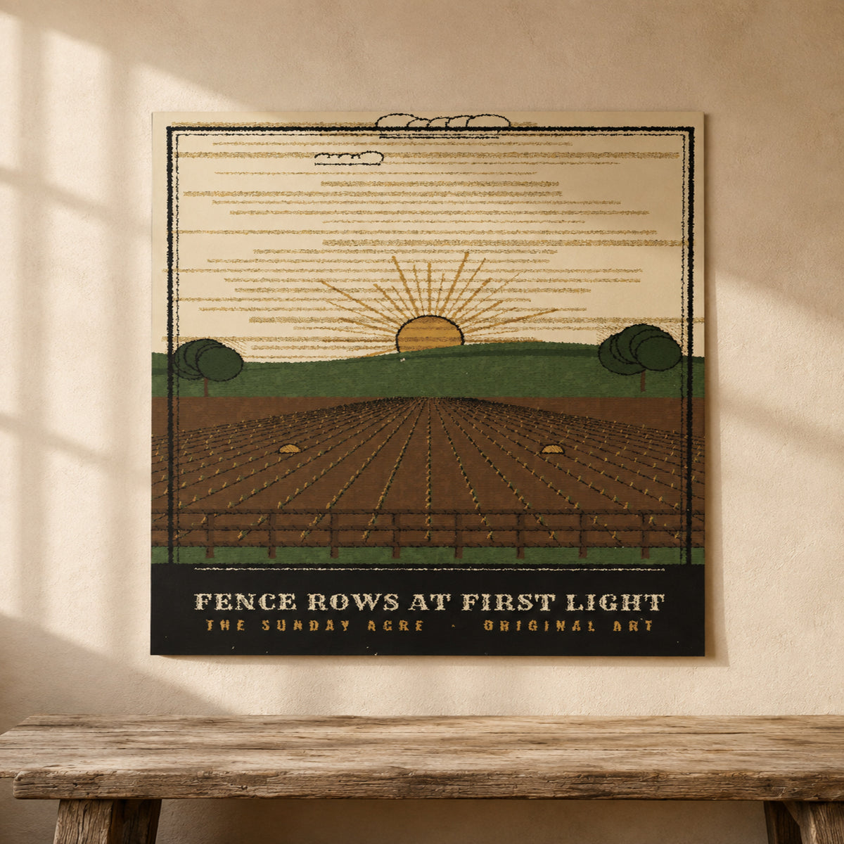 mockup: Fence Rows at First Light — Original Woodcut-Style Art Print