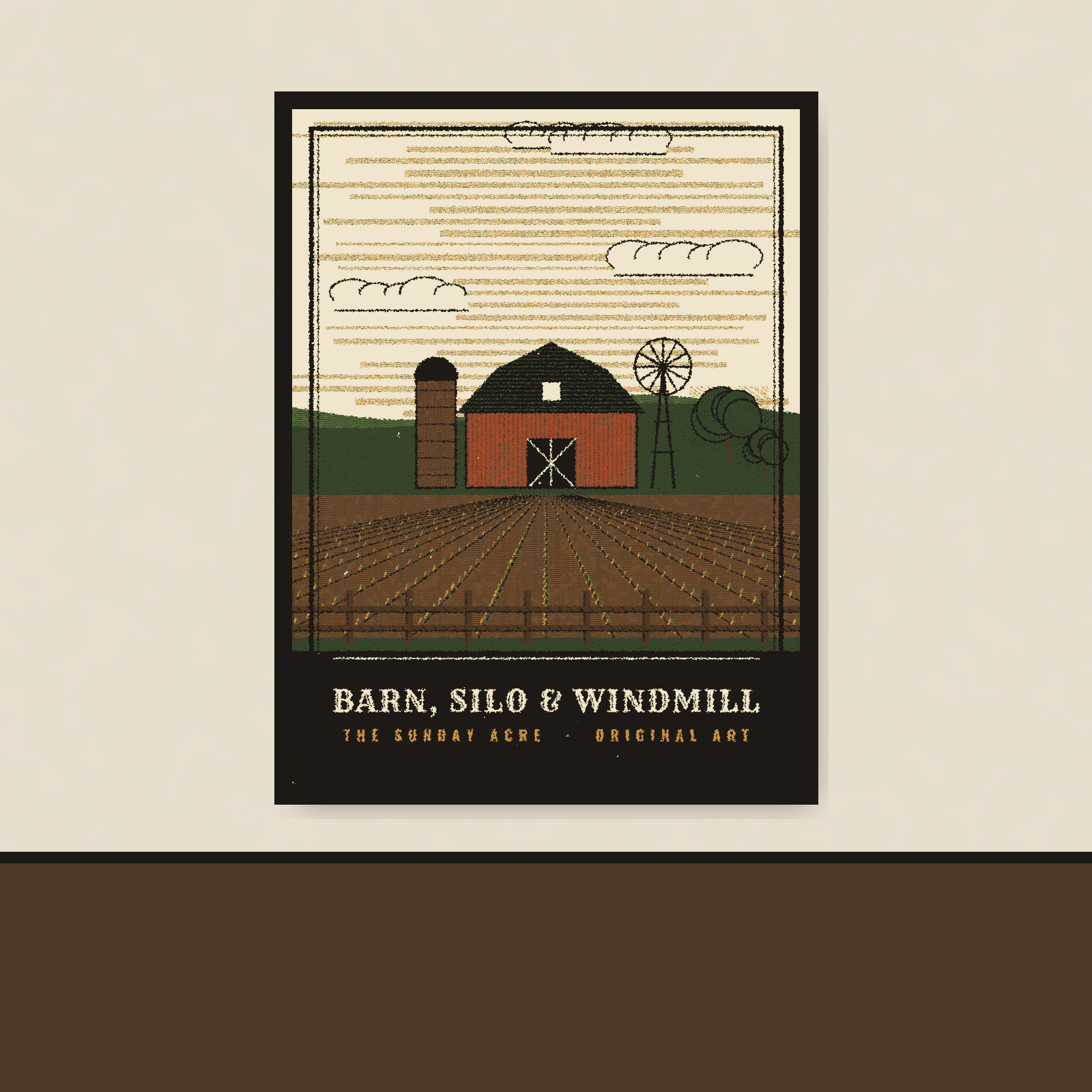Barn, Silo & Windmill — Original Woodcut-Style Art Print