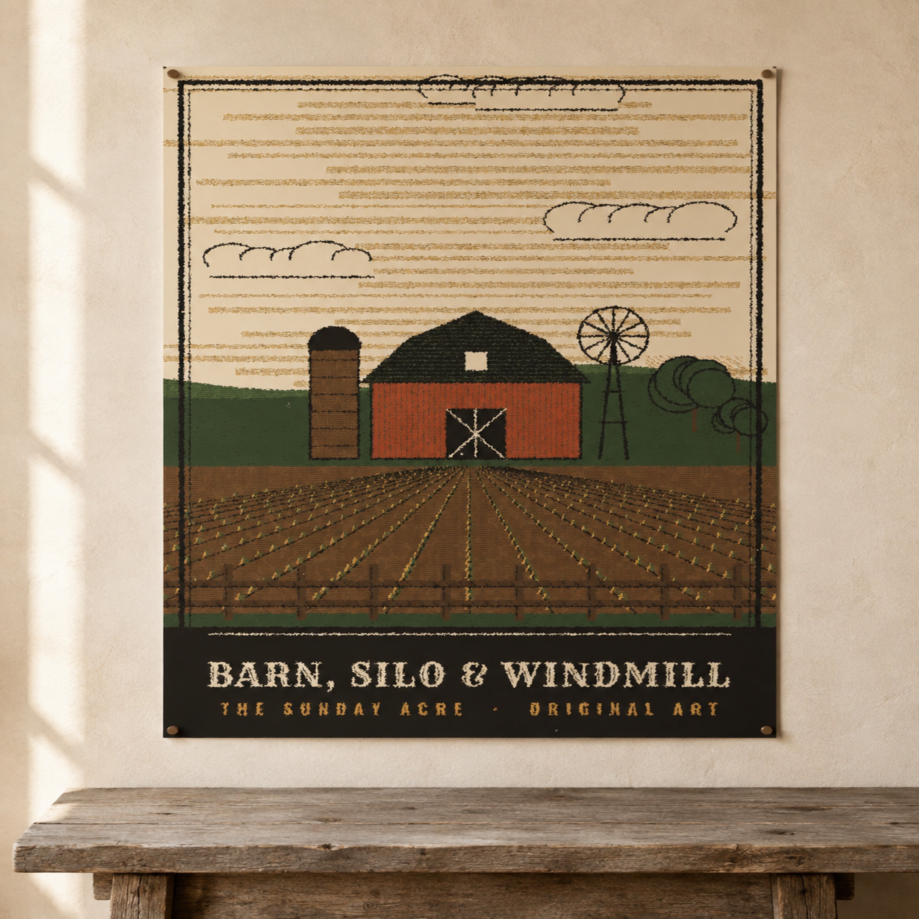 mockup: Barn, Silo & Windmill — Original Woodcut-Style Art Print