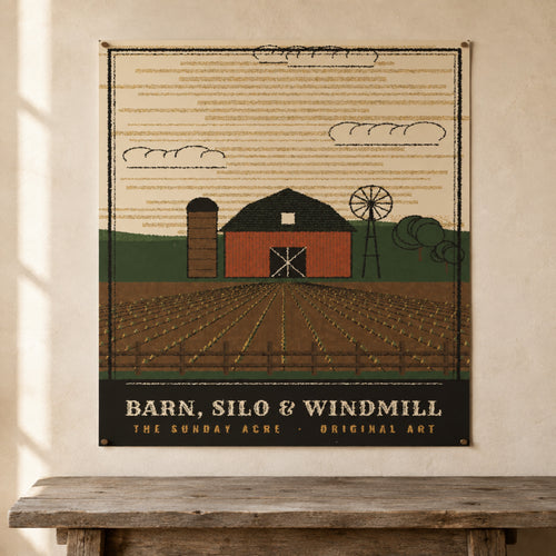 mockup: Barn, Silo & Windmill — Original Woodcut-Style Art Print