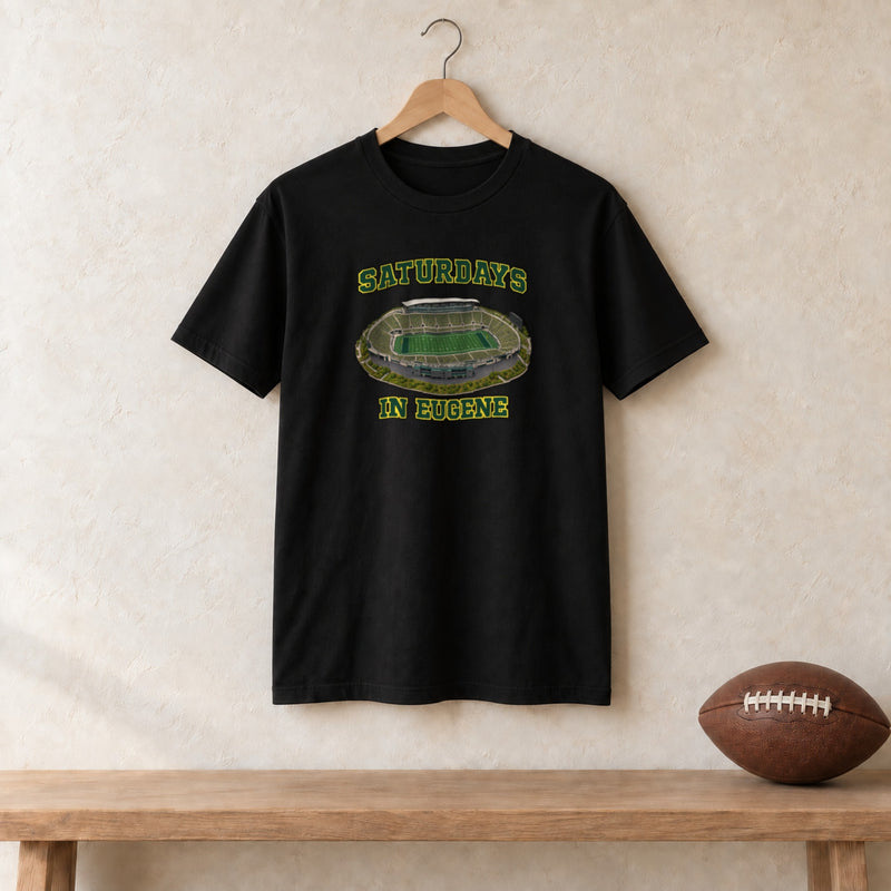 Color Black, Saturdays in Eugene Unisex Classic Tee in black