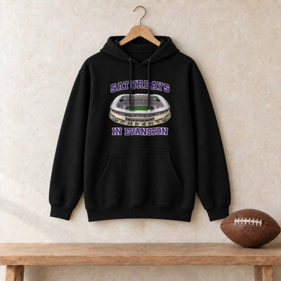 Color Black, Saturdays in Evanston Unisex Heavy Blend Hoodie in black