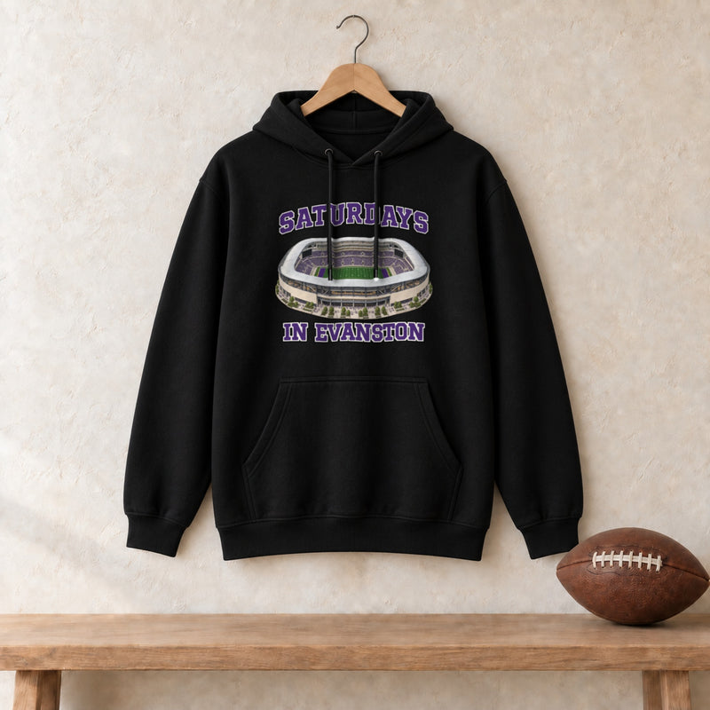 Color Black, Saturdays in Evanston Unisex Heavy Blend Hoodie in black