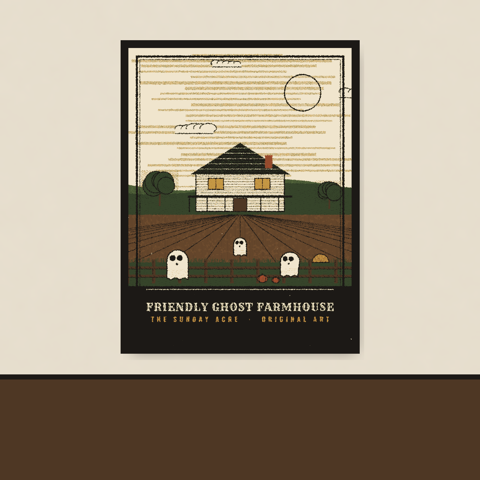 Friendly Ghost Farmhouse — Original Woodcut-Style Art Print