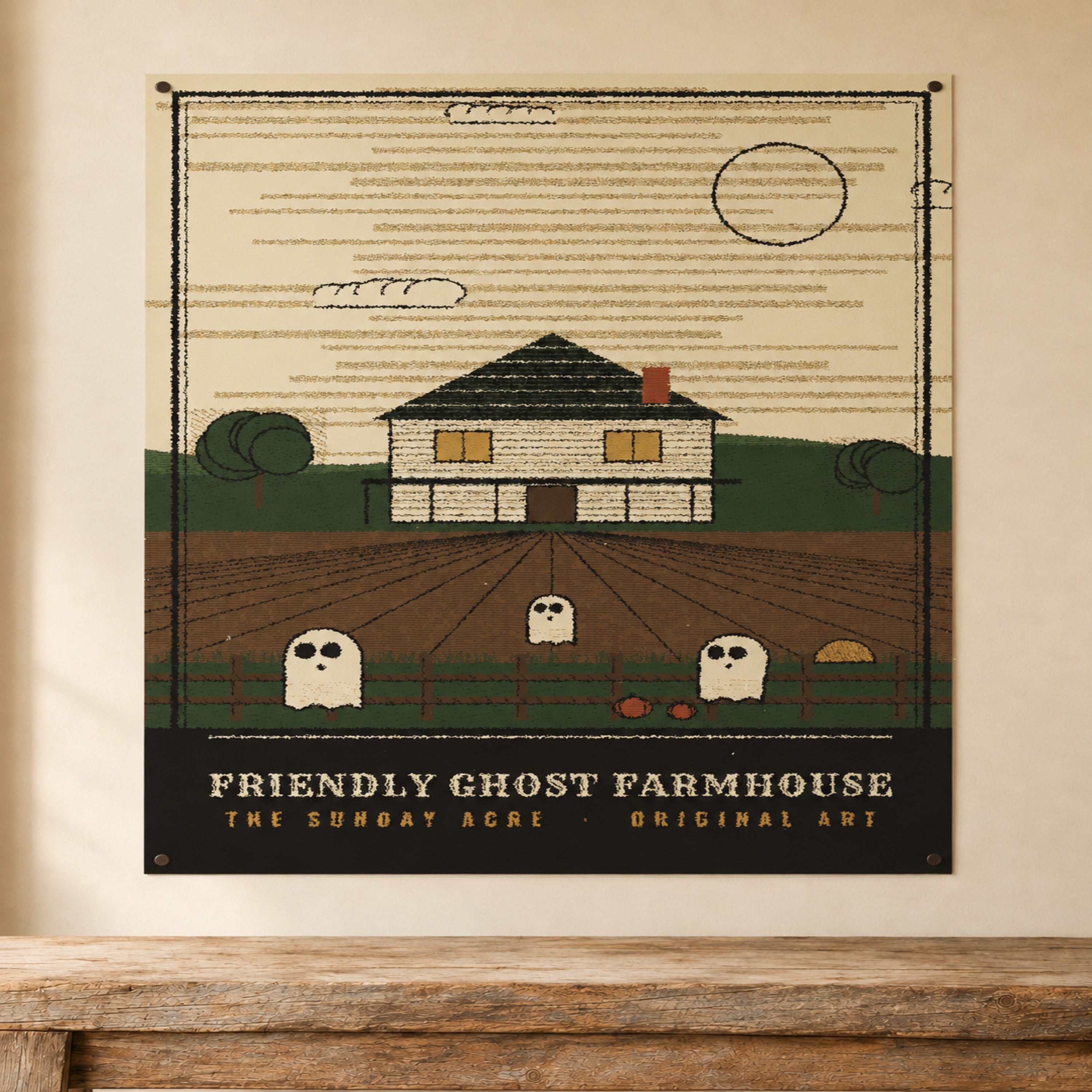 mockup: Friendly Ghost Farmhouse — Original Woodcut-Style Art Print