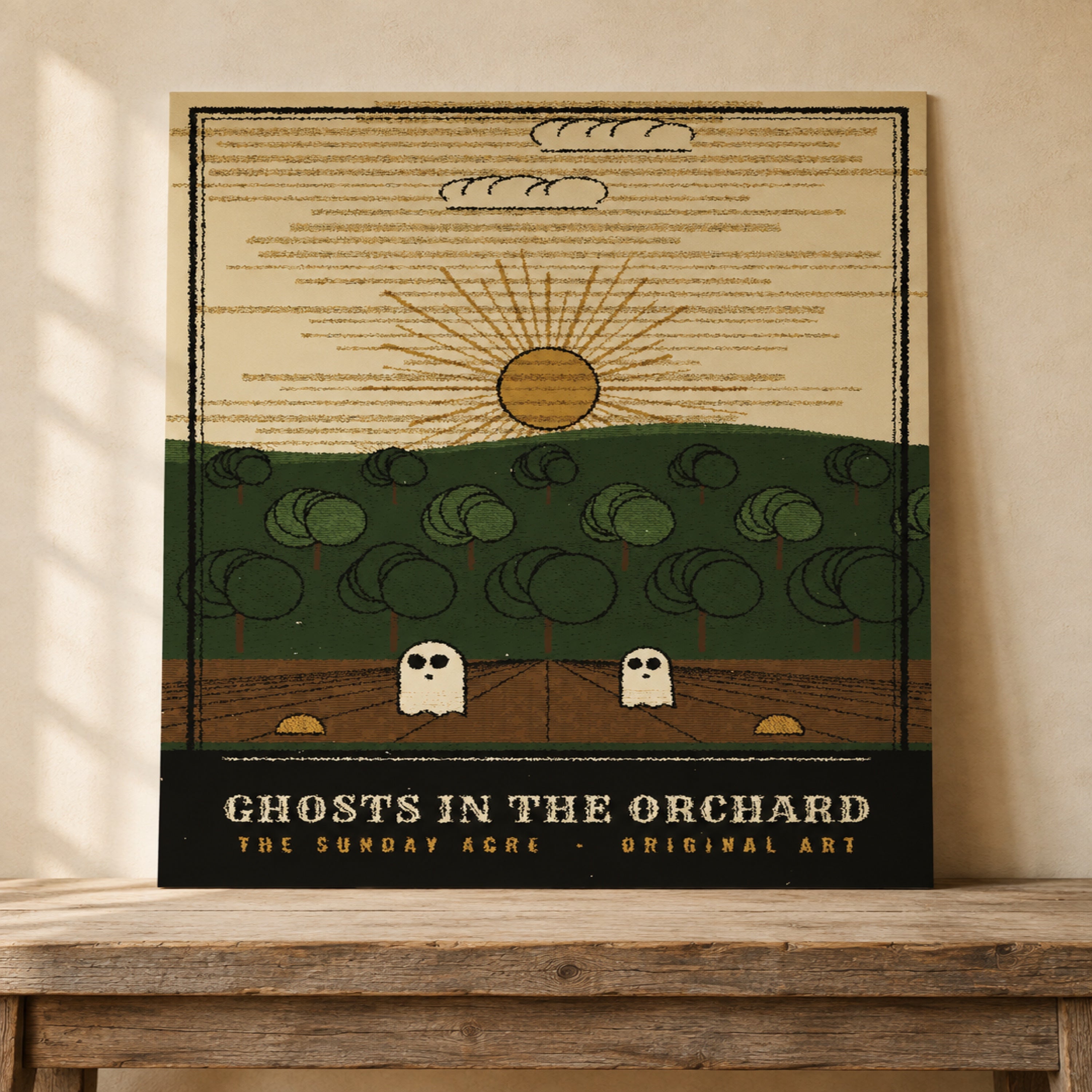 mockup: Ghosts in the Orchard — Original Woodcut-Style Art Print