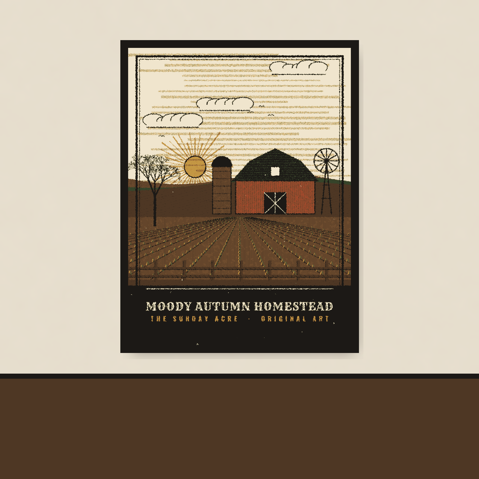 Moody Autumn Homestead — Original Woodcut-Style Art Print