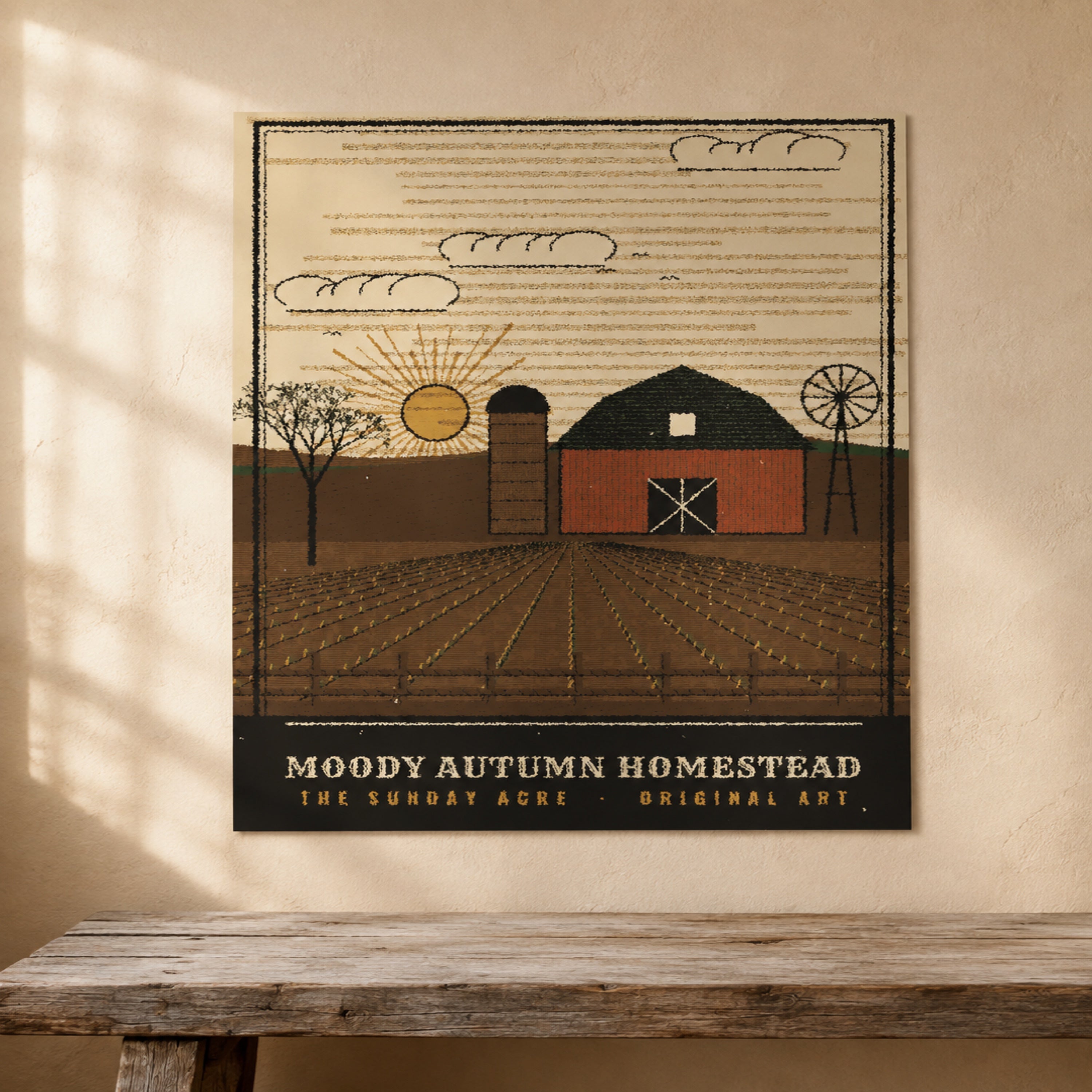mockup: Moody Autumn Homestead — Original Woodcut-Style Art Print