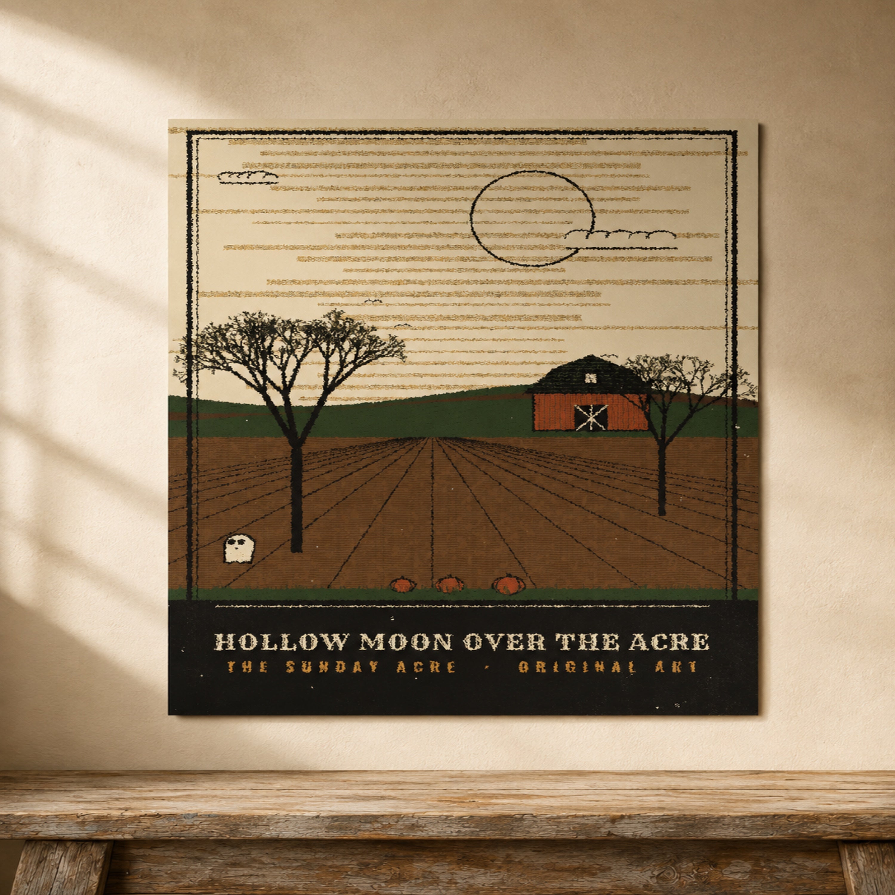 mockup: Hollow Moon Over the Acre — Original Woodcut-Style Art Print