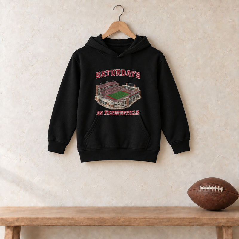 Color Black, Saturdays in Fayetteville Youth Heavy Blend Hoodie in black