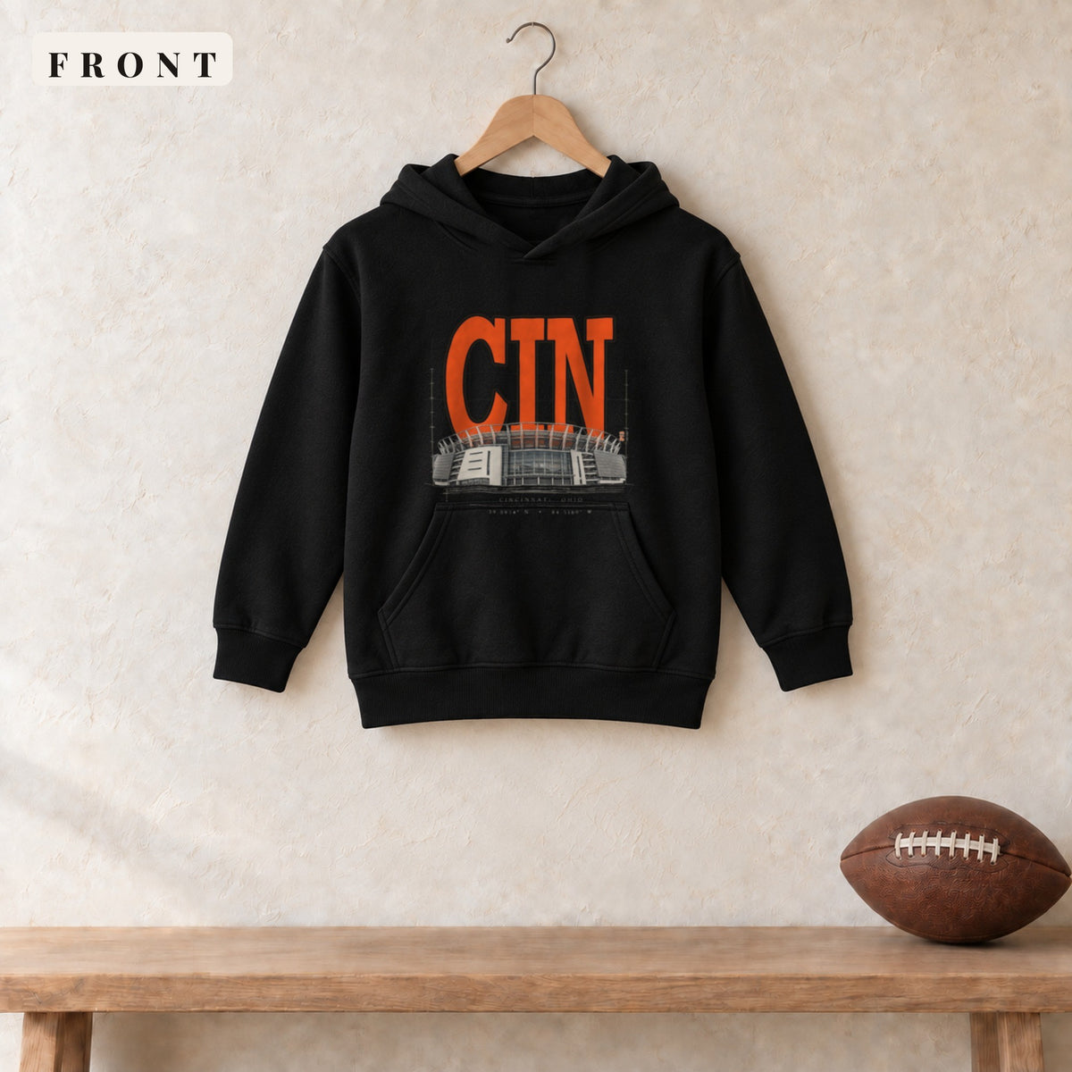 Youth Hoodie · Black · front · Cincinnati Blueprint City youth hoodie in black