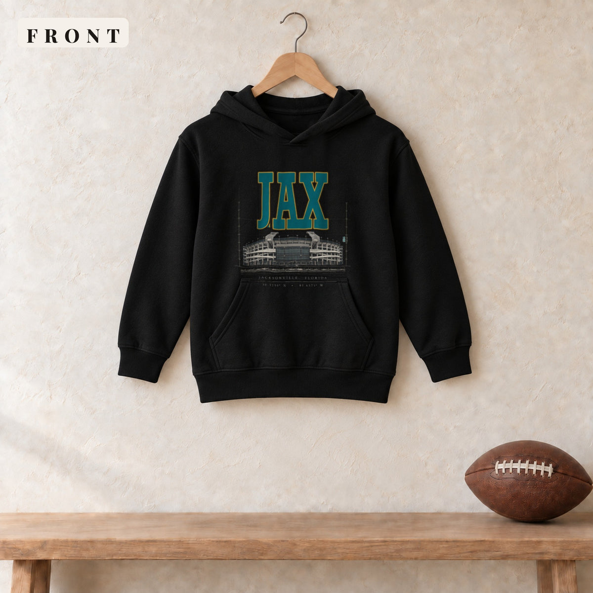 Youth Hoodie · Black · front · Jacksonville Blueprint City youth hoodie in black