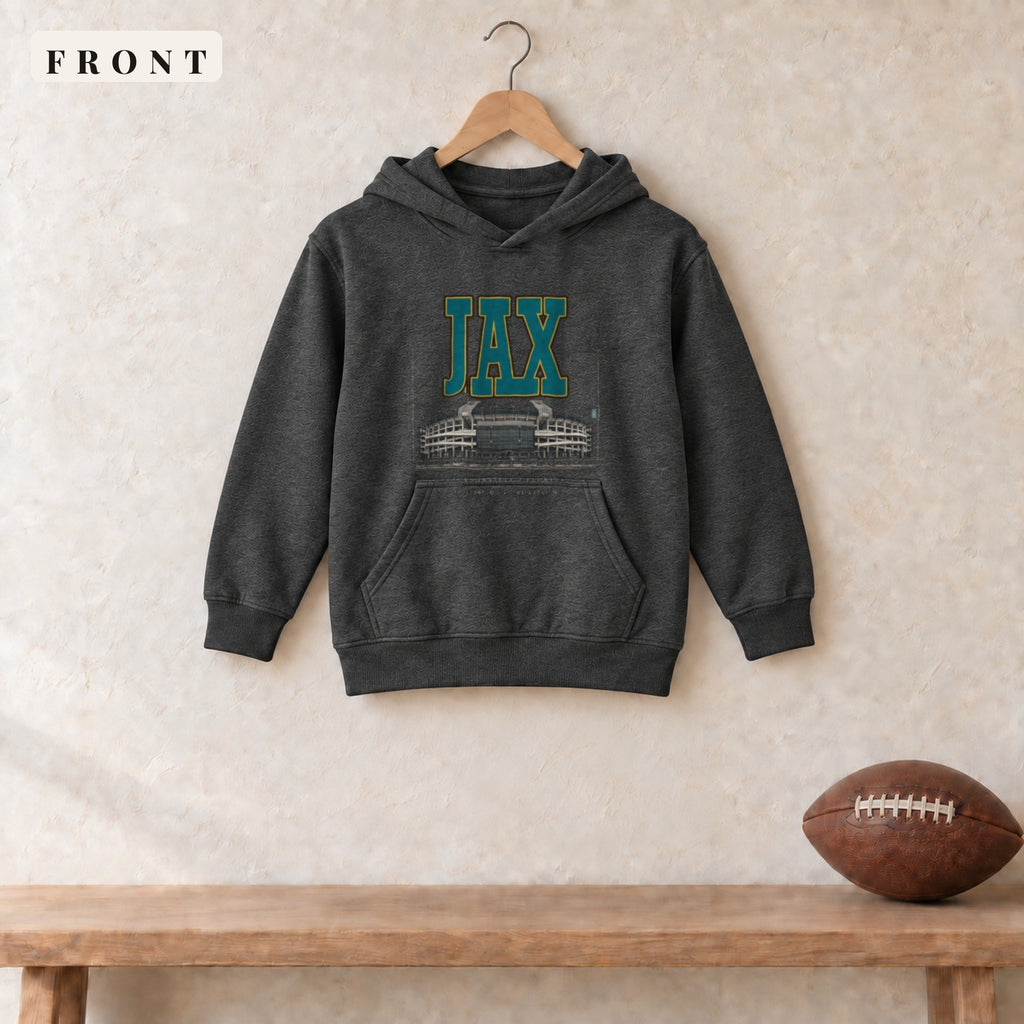 Youth Hoodie · Dark Heather · front · Jacksonville Blueprint City youth hoodie in dark heather