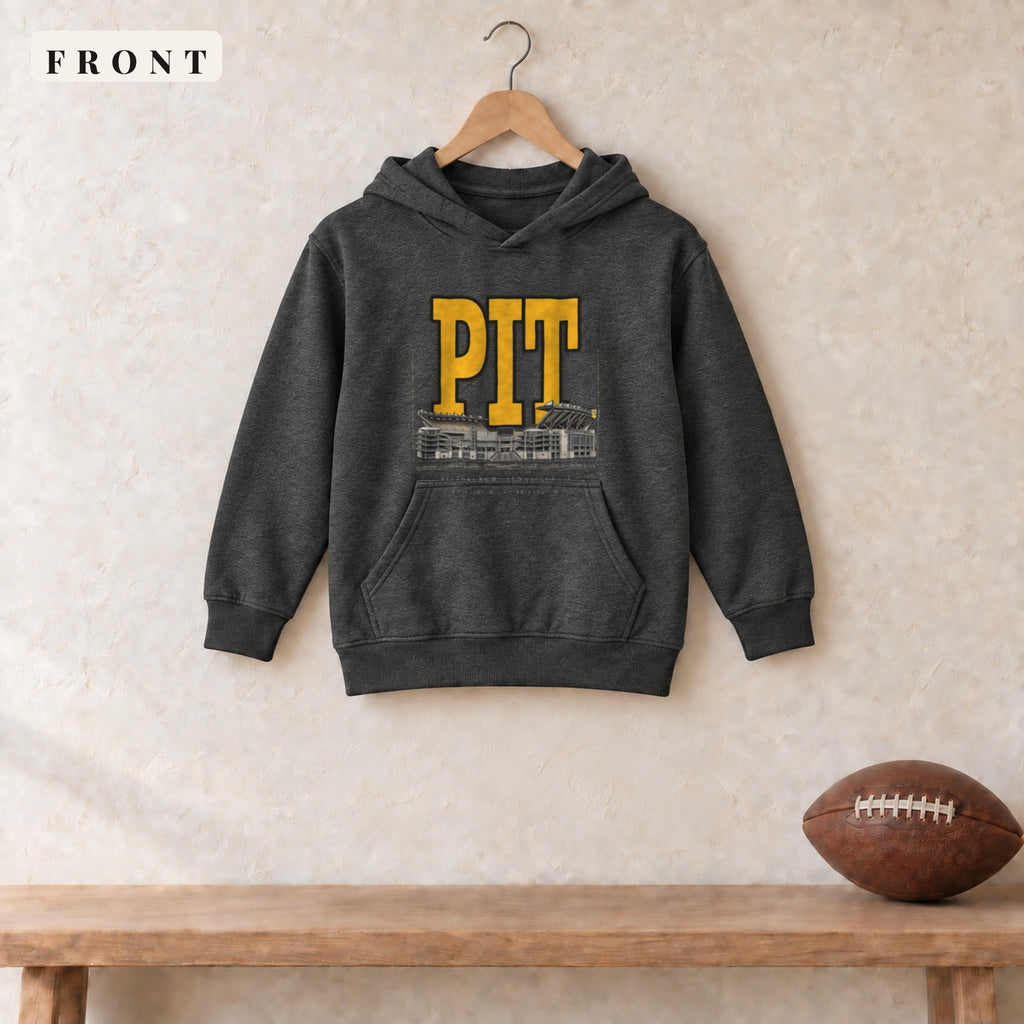 Youth Hoodie · Dark Heather · front · Pittsburgh Blueprint City youth hoodie in dark heather