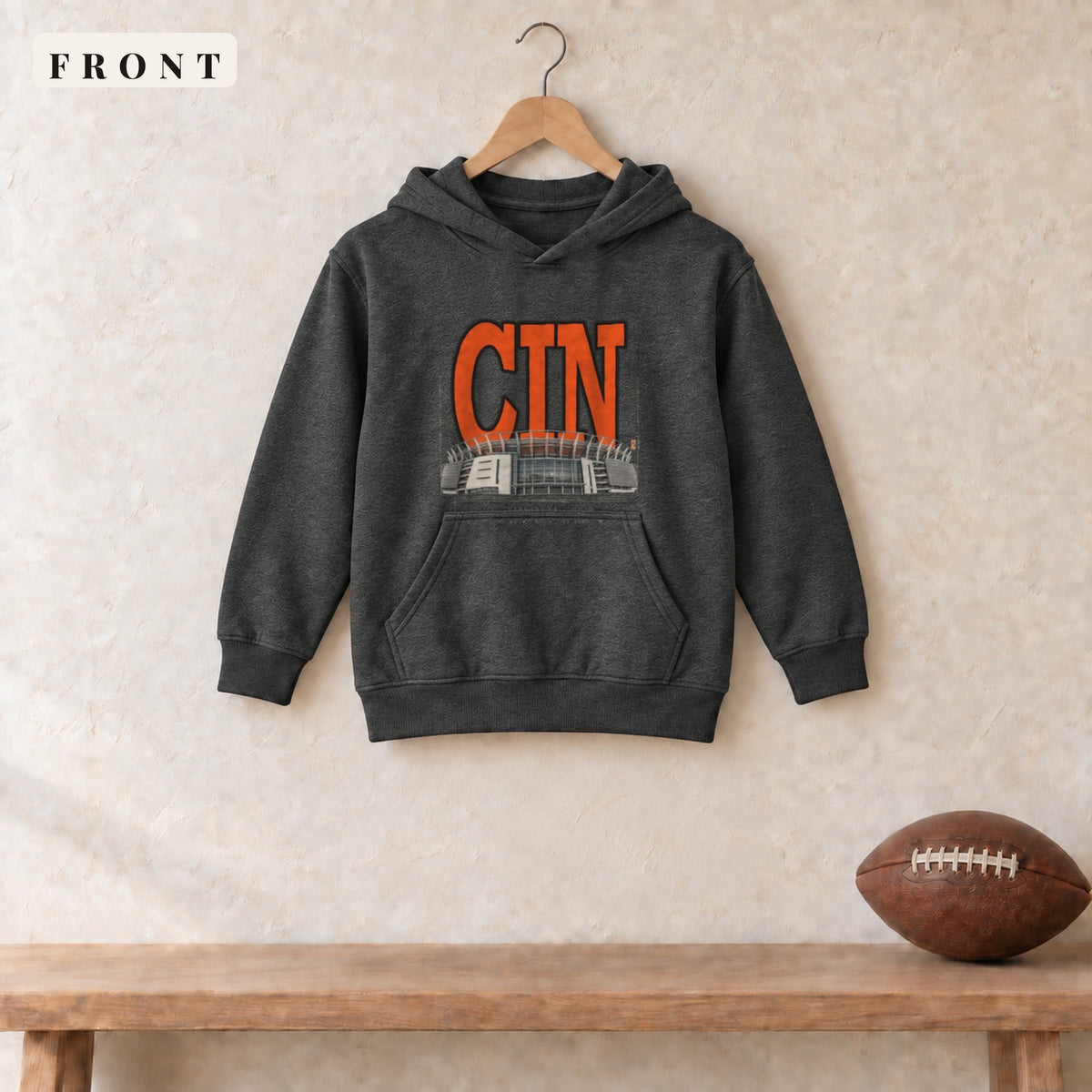 Youth Hoodie · Dark Heather · front · Cincinnati Blueprint City youth hoodie in dark heather