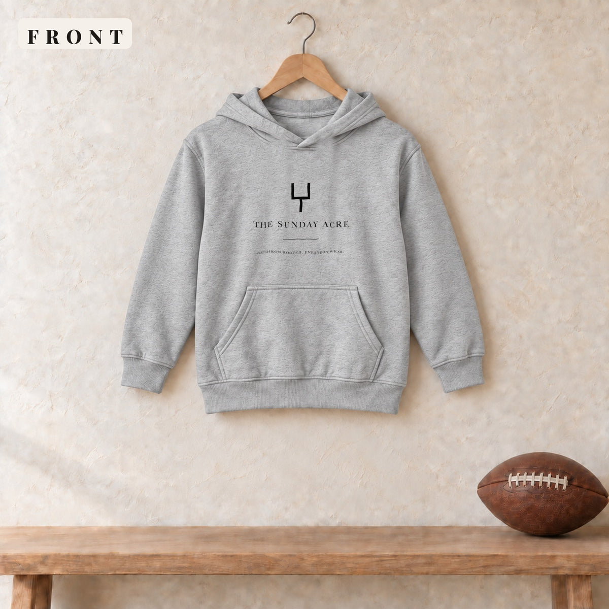 Youth Hoodie · Sport Grey · front · The Sunday Acre Gridiron Rooted youth hoodie in sport grey