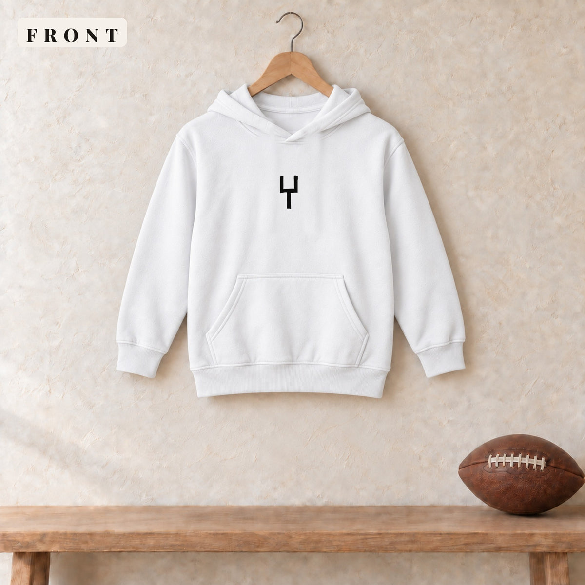 Youth Hoodie · White · front · The Sunday Acre Goalpost youth hoodie in white