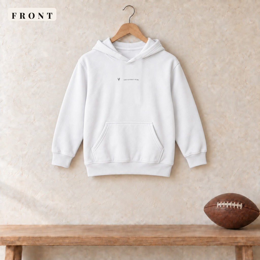Youth Hoodie · White · front · The Sunday Acre Logo youth hoodie in white