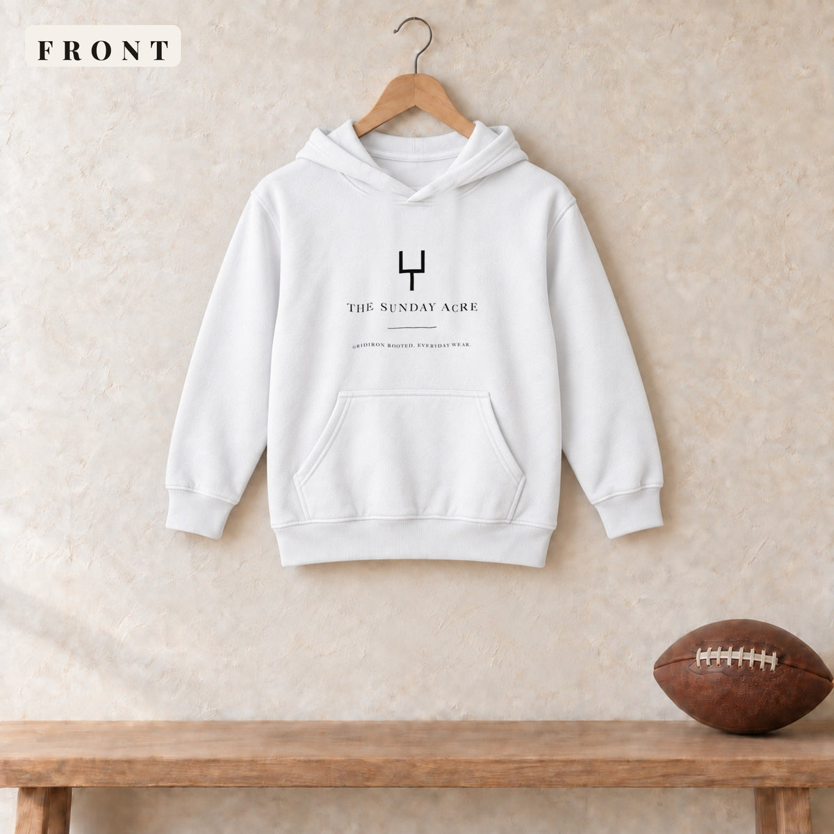 Youth Hoodie · White · front · The Sunday Acre Gridiron Rooted youth hoodie in white