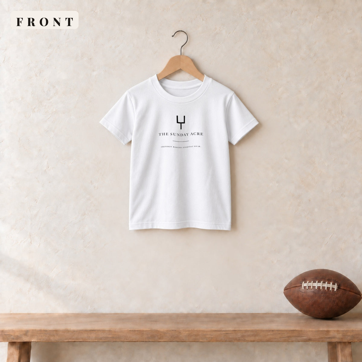 Youth Tee · White · front · The Sunday Acre Gridiron Rooted youth tee in white