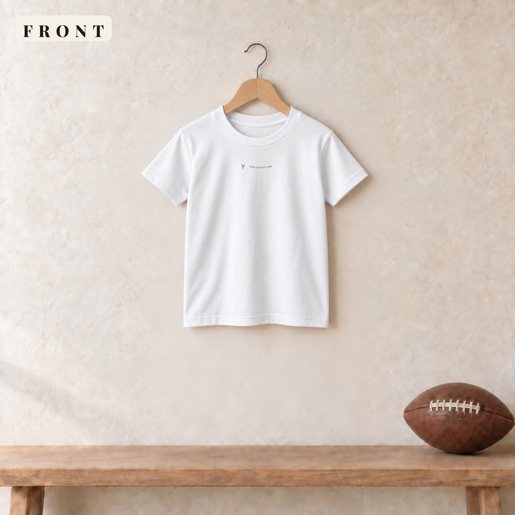 Youth Tee · White · front · The Sunday Acre Logo youth tee in white