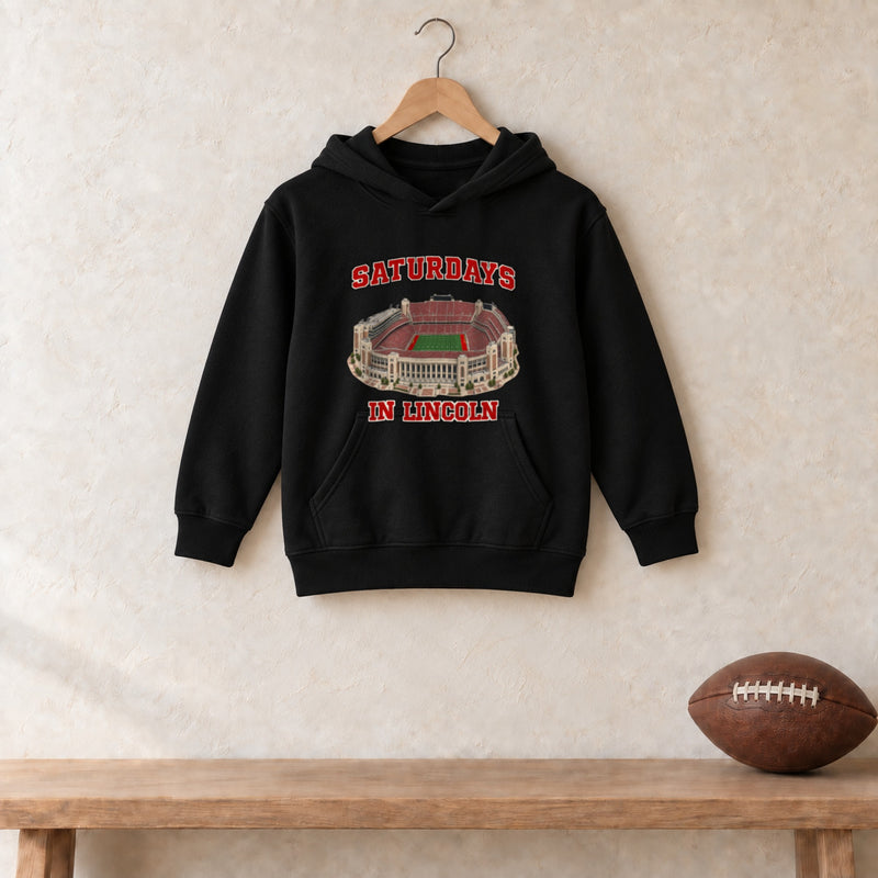 Color Black, Saturdays in Lincoln Youth Heavy Blend Hoodie in black
