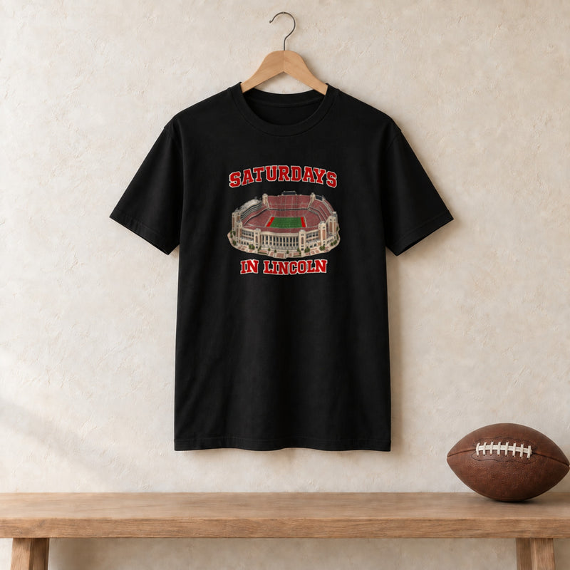 Color Black, Saturdays in Lincoln Unisex Classic Tee in black