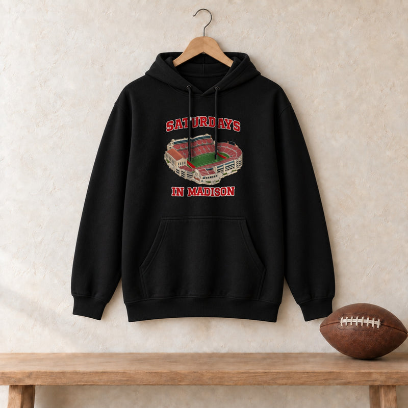 Color Black, Saturdays in Madison Unisex Heavy Blend Hoodie in black