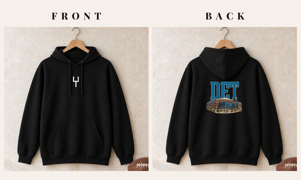 Hoodie + Goalpost Front · Black · front and back · Detroit Home Field Advantage hoodie in black