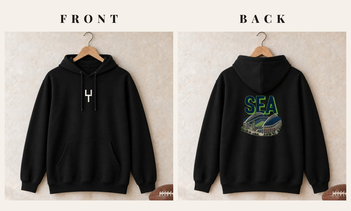 Hoodie + Goalpost Front · Black · front and back · Seattle Home Field Advantage hoodie in black