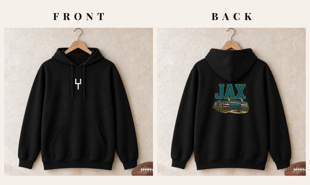 Hoodie + Goalpost Front · Black · front and back · Jacksonville Home Field Advantage hoodie in black
