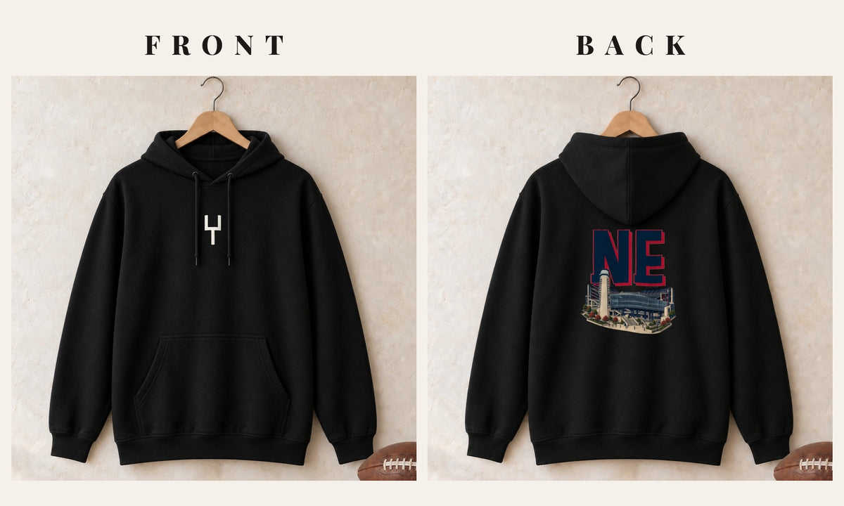 Hoodie + Goalpost Front · Black · front and back · New England Home Field Advantage hoodie in black