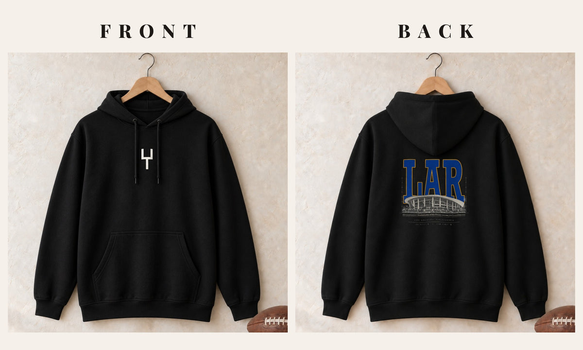 Hoodie + Goalpost Front · Black · front and back · Los Angeles Gold Blueprint City hoodie in black