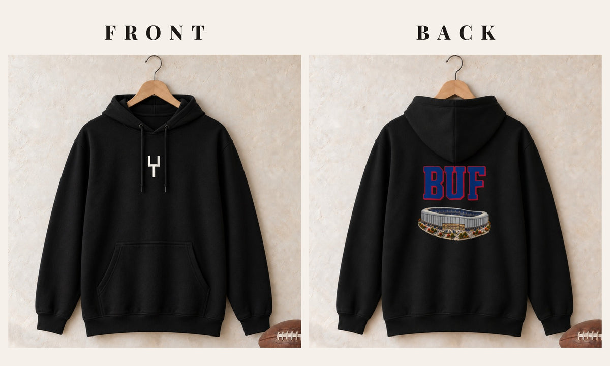Hoodie + Goalpost Front · Black · front and back · Buffalo Home Field Advantage hoodie in black