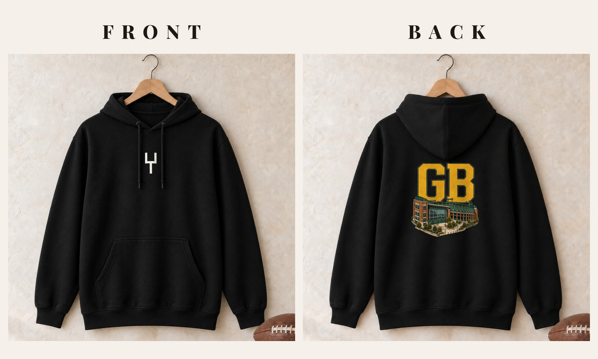 Hoodie + Goalpost Front · Black · front and back · Green Bay Home Field Advantage hoodie in black