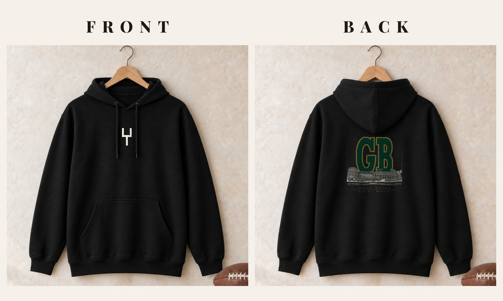 Hoodie + Goalpost Front · Black · front and back · Green Bay Blueprint City hoodie in black