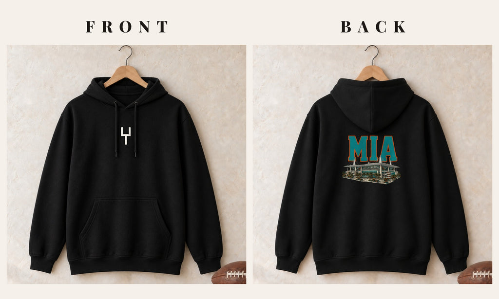 Hoodie + Goalpost Front · Black · front and back · Miami Home Field Advantage hoodie in black