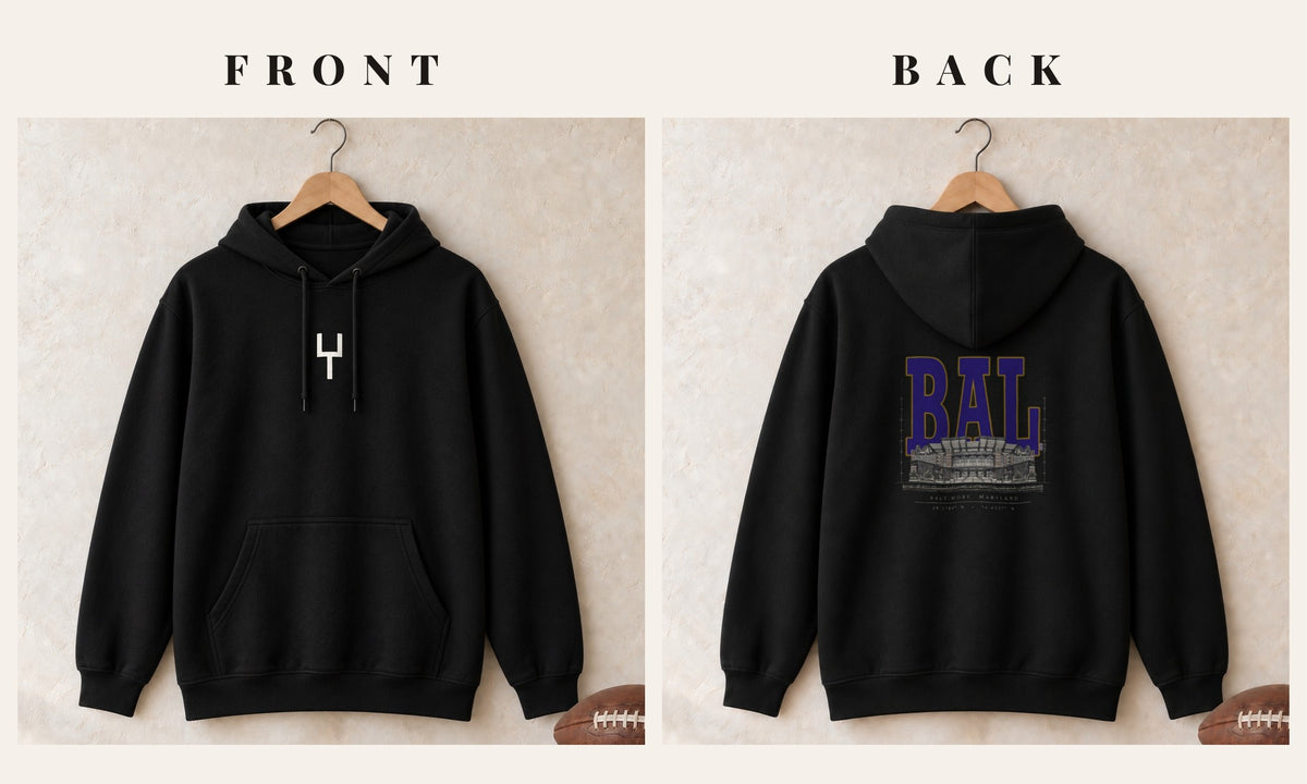 Hoodie + Goalpost Front · Black · front and back · Baltimore Blueprint City hoodie in black