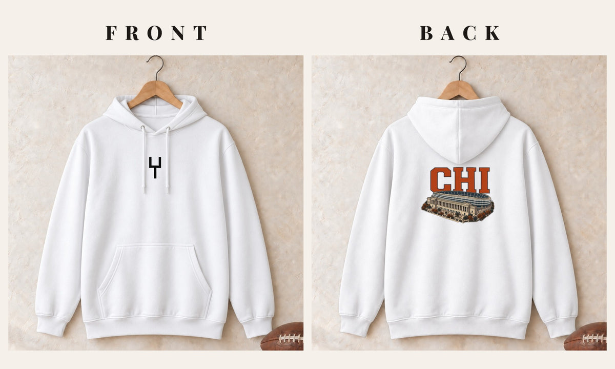 Hoodie + Goalpost Front · White · front and back · Chicago Home Field Advantage hoodie in white