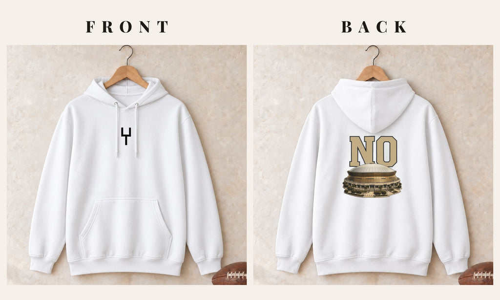 Hoodie + Goalpost Front · White · front and back · New Orleans Home Field Advantage hoodie in white
